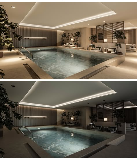 Pool Design Modern, Luxury Pools Indoor, Indoor Pool House, Indoor Swimming Pool Design, Moderne Pools, Inside Pool, Luxurious Pool, Indoor Spa, Indoor Pool Design