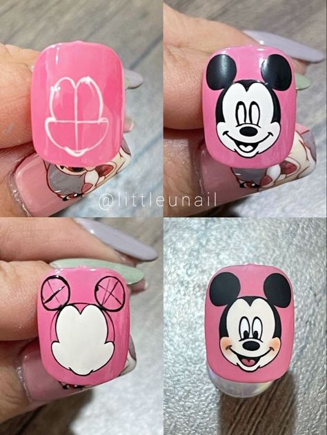 Cartoon Nail Art Step By Step, Cartoon Nail Ideas, Nail Design Cartoon, Mickey Mouse Nail Design, Mickey Nail, Mouse Nail Art, Mickey Mouse Nail Art, Beginner Nail Designs, Cartoon Nail Designs