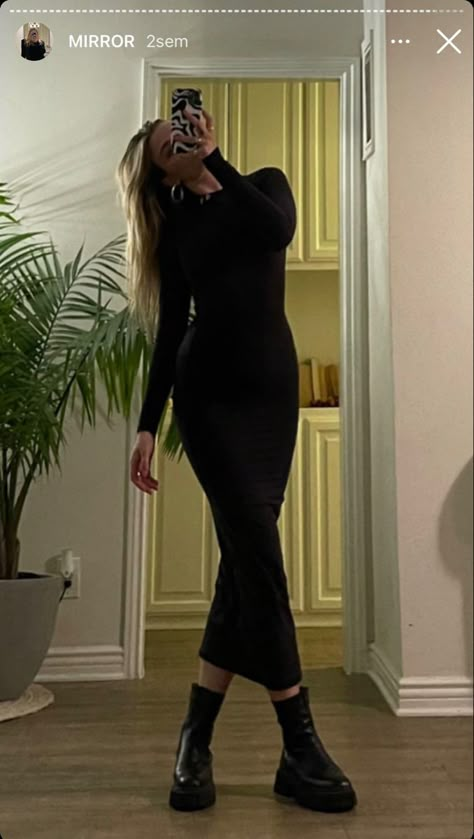 Black Bodycon Winter Outfit, Bodycon Dress Boots Outfit, Skim Dress Outfits Winter, Long Sleeve Black Dress Outfit Casual, Long Black Dress Outfit Casual Winter, Black Dress Winter Outfit Classy, Long Turtleneck Dress Outfit, Casual Long Black Dress Outfit, Long Black Dress Winter Outfit