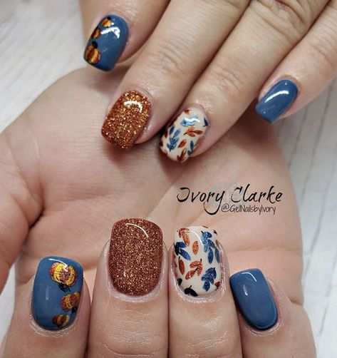 Pretty fall nail art and design.❤ Teal And Orange Fall Nails, Teal Autumn Nails, Teal And Copper Nails, Blue Pumpkin Nails, Teal And Orange Nails, Orange And Teal Nails, Nail Fall Designs, Autumn Inspired Nails, Teal Fall Nails