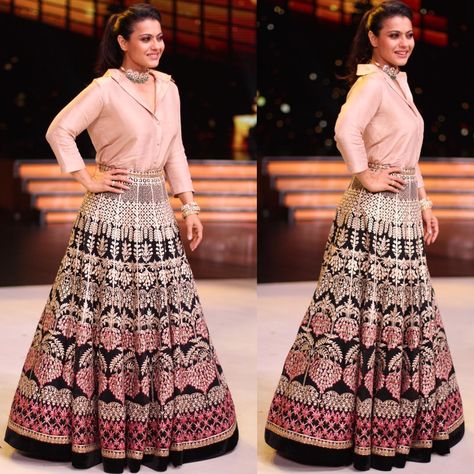 Blouse is old school. Kajol in a lehenga and shirt is new style goals Lehenga And Shirt, Shirt With Lehenga, Fusion Clothes, Ethnic Skirts, डिजाइनर कपड़े, Choli Dress, Indian Skirt, Indian Outfits Lehenga, Lehnga Dress