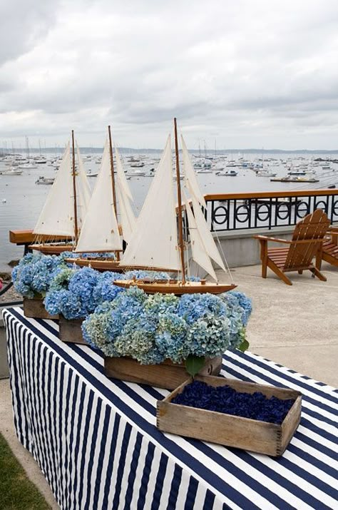 10 Casual Summer Tablescapes to Copy - Cindy Hattersley Design Wooden Sailboat, Blue Hydrangeas, Photos Booth, Nautical Party, בר מצווה, Coastal Wedding, Nautical Wedding, Blue Hydrangea, Sailboats