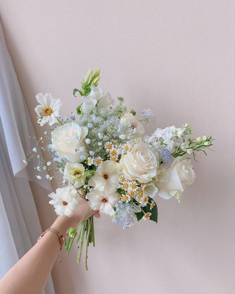 Dainty Floral Bouquet, Daisy And Blue Flower Bouquet, Bouquets With Blue Flowers, Bridesmaid Bouquet As Table Centerpiece, White Florals With Pops Of Color, Inexpensive Wedding Bouquet, Bridesmaid Floral Bouquet, Italian Inspired Wedding Flowers, Light Blue Floral Arrangements