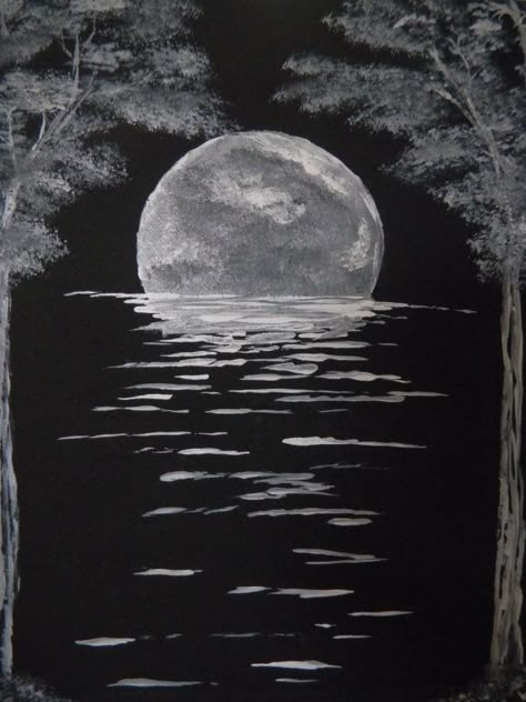 Acrylic Black Canvas Painting, Black Canvas Landscape Paintings, Moonlight Painting Acrylics, Moon With Acrylic Paint, Black Canvas Moon Painting, Moon With Trees Painting, Painting On Black Canvas, Calm Moonlight Acrylic Painting, Painting Moonlight