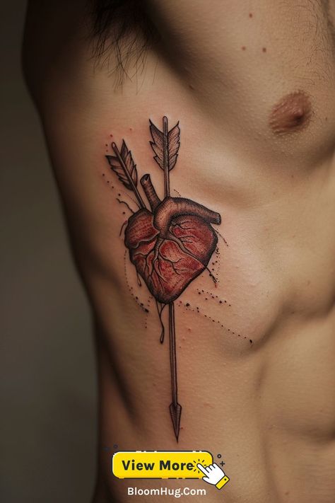 This tattoo on the side features a heart pierced by two arrows, symbolizing intense love and the hardships that may come with it. Arrow Rib Tattoo, Side Tattoos For Men Ribs, Side Tattoos For Men, Tattoo For Men Ideas, Mens Side Tattoos, Mens Arrow Tattoo, Strong Emotions, Heart Piercing, Meaningful Tattoo