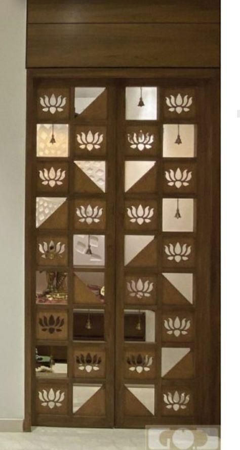 Mandir Wooden Door Design, Mandir Door Design Puja Room, Temple Door Design For Home, Puja Room Door, Puja Room Door Design, Pooja Room Door Design Modern, Mandir Door Design, Puja Door, Cupboard Decoration