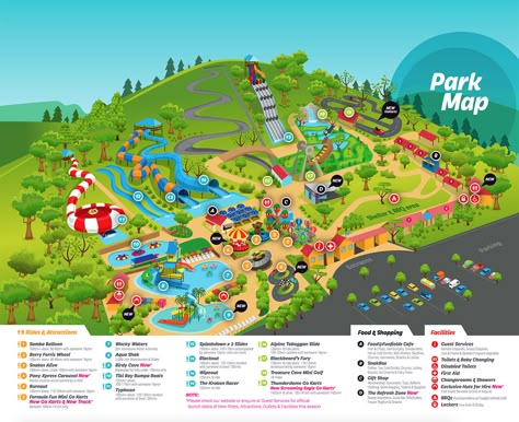 Funfields Park Map Amusement Park Map Design, Amusement Park Map Illustration, Theme Park Map Illustration, Park Map Design, Amusement Park Map, Maps Illustration Design, Night Park, Architect Portfolio, Theme Park Map