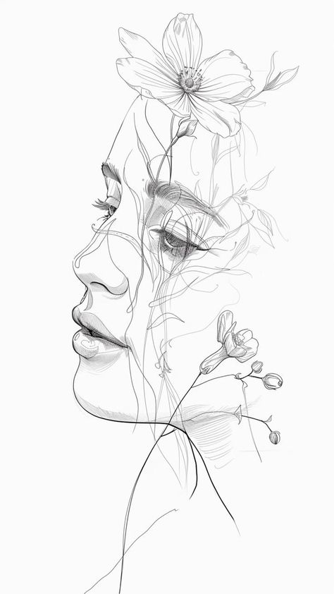 Peace Flower Drawing, Ethereal Line Art, Complex Drawing Ideas, Face Flowers Drawing, Face With Flowers Drawing, Flower Face Drawing, Pencil Line Drawings, Flower Face Tattoo, Flowers Line Drawing