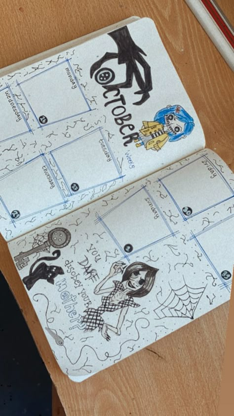 Coraline Bullet Journal, Coraline Journal, Halloween Journal Ideas, Halloween Bujo, Bujo Journal Ideas, Halloween Coraline, Punched Tin Patterns, Aesthetic Bujo, Bullet Journal Hand Lettering