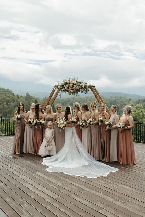 Mocca Bridesmaid Dresses, Wedding Theme Brown And White, Mocha Dress Bridesmaid, Wedding Cream Colors, Beige Wedding Bridesmaid Dress, Western Boho Bridesmaid Dress, Dreamy Mountain Wedding, Neutral Brown Bridesmaid Dresses, Mountain Wedding Palette