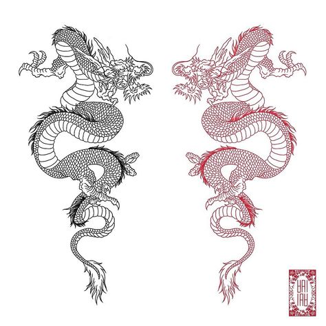 2 Dragon Tattoo Designs, Red And Black Chinese Dragon Tattoo, Chinese Dragon Back Tattoo, Red And Black Dragon Tattoo, Dragon Tattoo Outline, Chinese Dragon Tattoo, Dragon Tattoo Back, Henne Tattoo, Asian Dragon Tattoo