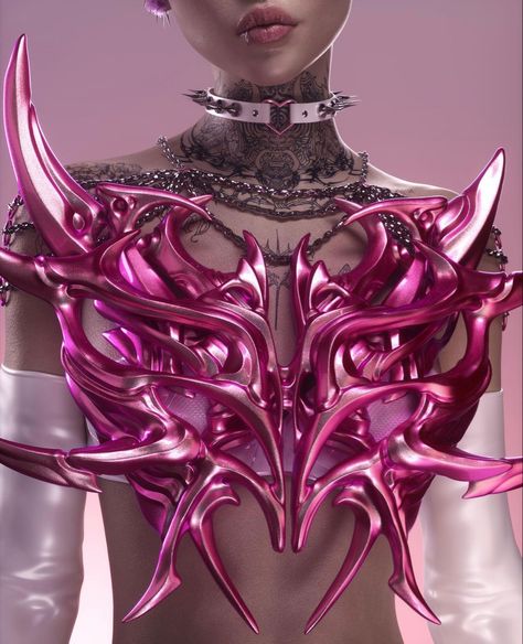 Cybersigilism Outfit, Cybersigilism Clothes, Cyberpunk Fashion Futuristic Clothing, Pink Futuristic Aesthetic, Pink Cyberpunk Outfit, Futuristic Medieval, Chrome Clothes, Pink Futuristic, Y3k Outfits