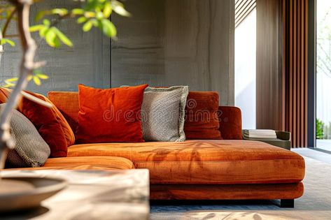 Close up of terra cotta velvet sofa against concrete wall. Minimalist interior design of modern living room. AI stock image Terracotta Sofa Living Rooms, Couch Minimalist, Cozy Couch, Minimalist Interior Design, Concrete Wall, Velvet Sofa, Minimalist Interior, Terra Cotta, Modern Interior Design