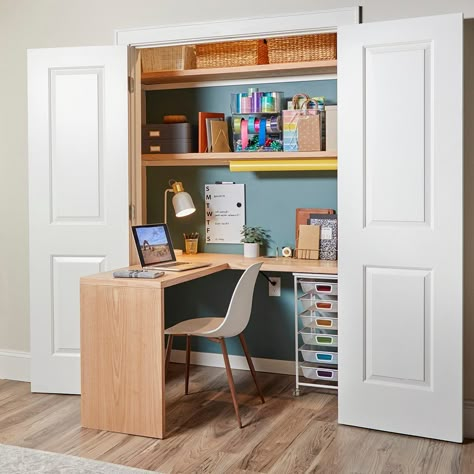 Diy Kast, Sewing Closet, Craft Room Closet, Closet Desk, Fold Out Desk, Home Office Closet, Craft Closet, Office Closet, Build A Wall