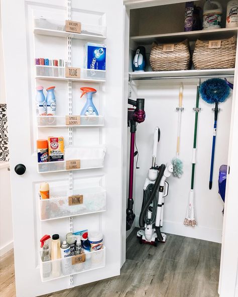 Storage Cleaning Closet, Small Cleaning Closet Ideas, Pantry And Cleaning Closet Combo, Vacuum Closet Organization, Vacume Cleaner Storage Ideas, Ikea Cleaning Closet, Small Cleaning Closet Organization, Utility Closet Shelving Ideas, Cleaning Storage Closet