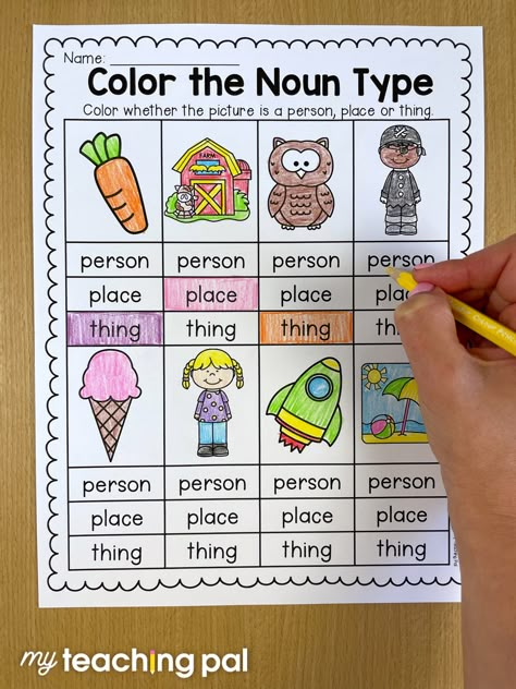 Kindergarten Nouns Worksheet - Color the Noun Kindergarten Nouns, Nouns Kindergarten, Kindergarten Grammar Worksheets, Spelling Task Cards, Nouns And Verbs Worksheets, Kindergarten Standards, Kindergarten Literacy Worksheets, Kindergarten Grammar, English For Kindergarten