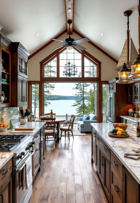 Rustic Kitchen Lakehouse Kitchens, Lakehouse Vibes, Lakehouse Kitchen Ideas, Lake House Kitchens, Lake Cottage Kitchen, Rustic Lake House Decor, Contemporary Lake House, New England Kitchen, Small Lake Houses