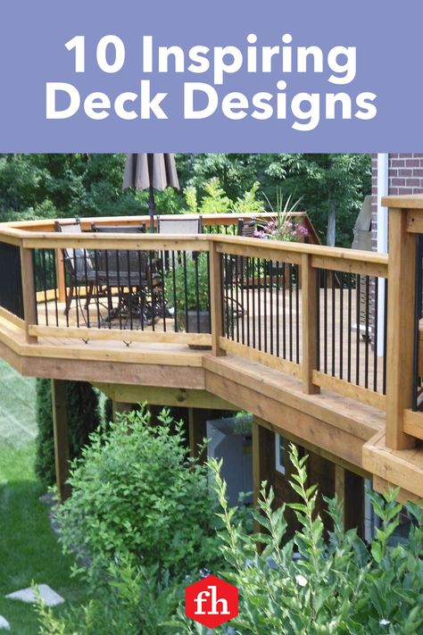 10 Inspiring Deck Designs Deck Sizes, Wood Deck Patio Ideas, Raised Deck Ideas Backyards, Elevated Decks Ideas, Deck Shape Ideas, Wrap Around Deck Ideas Layout, Wraparound Deck Ideas, Awesome Decks, Small Deck Design Ideas