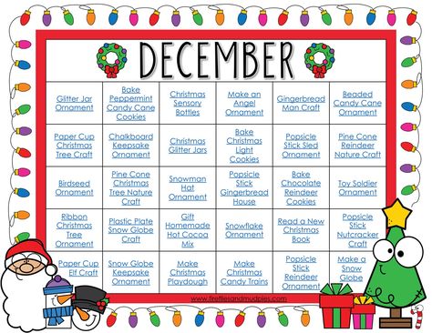 December Activity Calendar - Free activity calendar packed with 30 fun December crafts and activities for kids. They are all perfect for home or school! First Day Of December Activities, December Daycare Themes, Toddler December Activities, December School Activities, Fun December Activities For Kids, December Lesson Plans For Infants, Christmas Theme Days For Preschool, Christmas Calendar Activities, December Kids Activities