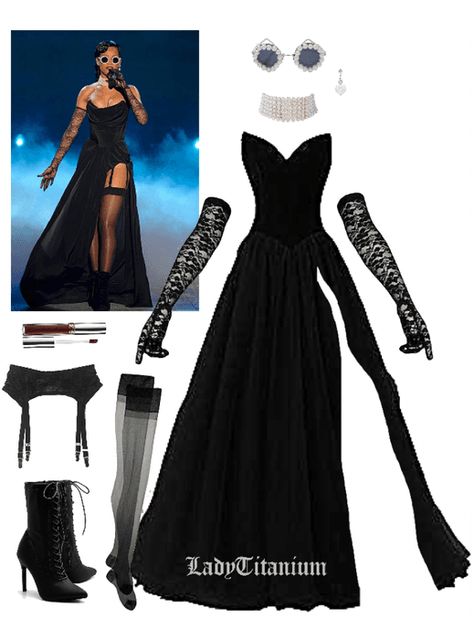 DIY Celeb Costume: Rihanna’s VS Performance Outfit | ShopLook Rihanna Black Dress Victoria Secret, Rihanna Halloween Costume Ideas, Rihanna Vs Fashion Show, Rihanna Costume Ideas, Pop Performance Outfit, Black Dress Performance Outfit, Rihanna Party Outfit, Grammy Inspired Outfits, Rihanna Outfits Dresses