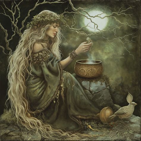 Ceridwen, also known as Cerridwen, was a fascinating enchantress in Welsh medieval legend. 🧙‍♀️ According to medieval Welsh poetry, she owned the cauldron of poetic inspiration (Awen) and played a significant role in the Tale of Taliesin. 📜 Many modern pagans see Ceridwen as the Celtic goddess of rebirth, transformation, and inspiration. 🌿🌌 #Ceridwen #WelshLegend #Goddess #Inspiration #TaleofTaliesin #WitchyVibes #PaganCommunity #MagicalGoddess #CauldronMagic Pagan Fantasy Art, Celtic Pagan Art, Ceridwen Celtic Goddess, Welsh Aesthetic, Cerridwen Goddess, Celtic Aesthetic, Horned Goddess, Welsh Goddess, Poetic Inspiration