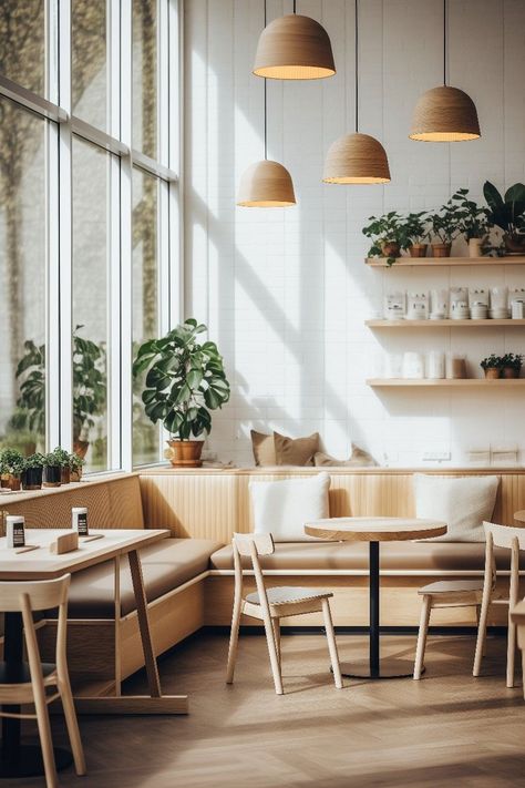 Sofa For Coffee Shop, Comfortable Cafe Seating, Light And Airy Coffee Shop, Modern Cafe Aesthetic, Earth Tone Coffee Shop, Tea Shop Interior Design Ideas, Coffee Shop Flooring, Scandi Cafe Interior, Natural Cafe Interior