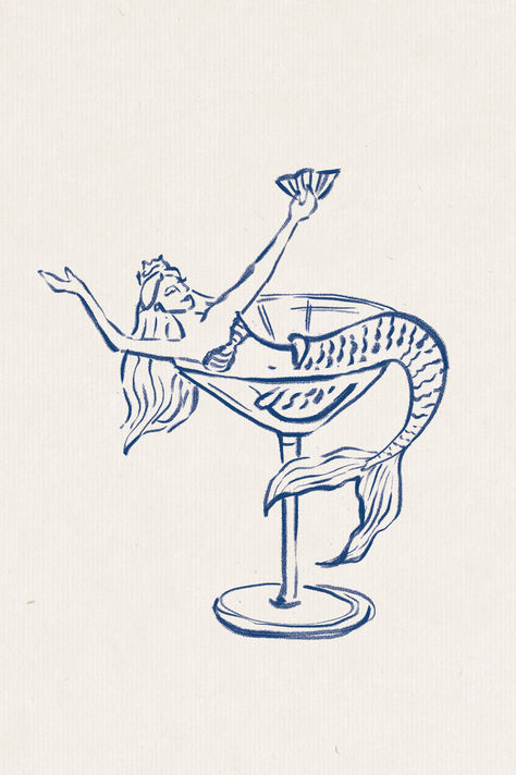 Hand drawn Blue Mermaid and Cocktail Illustration by Stories Studio for Italian Lifestyle Brand Villa d'Cipoletti #branding #graphicdesign #italianbrand #beachclub #logodesign #illustration #pencildrawing Mermaid Artwork Drawing, Pirate Branding, Mermaid Branding, Mermaids Illustration, Mermaid Illustration Art, Oyster Illustration, Italian Branding, Coastal Illustration, Hand Drawn Branding