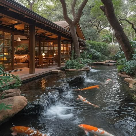 Koi Fish Pond Backyard Modern, Japanese Beach House, Japanese Courtyard House, Kolam Koi, Japanese Garden Landscape, Asian House, Zen House, Casa Country, Rest House