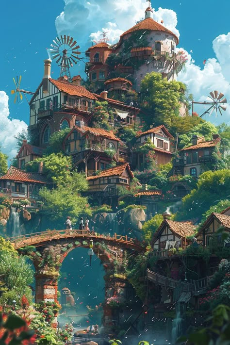 A Quaint Village with Anime Vibes Fantasy Village, Dragon House, Fantasy Town, Architecture Design Sketch, Quaint Village, Fantasy Forest, Building Art, Fantasy Setting, Fantasy Places