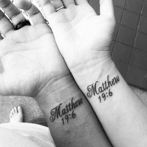 "So then, they are no longer two, but one flesh. Therefore what God has brought together, let no man separate."   I still love our tattoos so very much. ❤️ Matching Bible Tattoos, Matthew 19 6 Marriage Tattoo, Godly Couple Tattoos, Couple Bible Tattoos, Bible Verse Tattoos For Couples Marriage, Couples Scripture Tattoos, Couple Bible Verse Tattoos, Biblical Couple Tattoos, Matthew 19:6 Tattoo