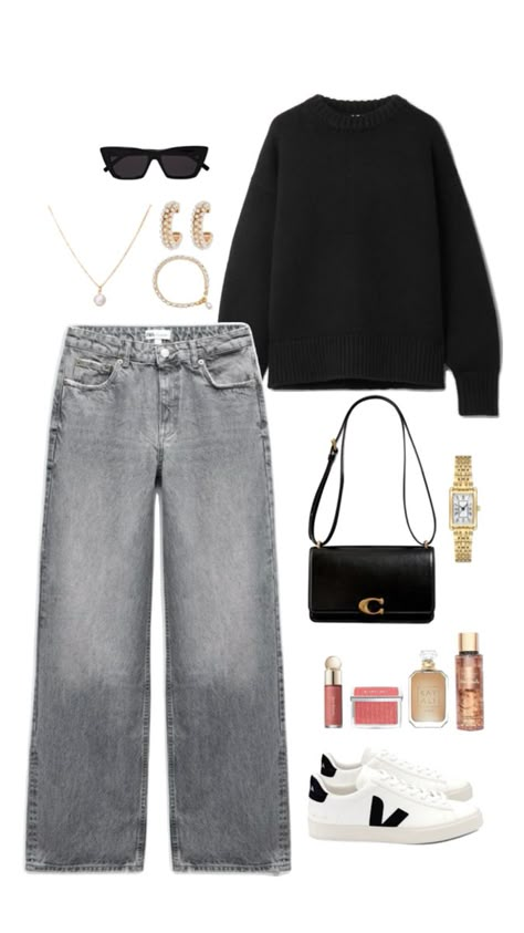 Spring outfit idea, fashion inspiration, inspo, grey wide leg jeans, veja shoes, black sweater, accessories, sunglasses, coach purse, golden pearls jewells. #ad #sponsored Jeans - https://amzn.to/49W36fv Pullover - https://amzn.to/3Whvwgz Shoes - https://amzn.to/3xVqFrq Bag - https://amzn.to/3Wk82Yw Sunglasses - https://amzn.to/4b8pcgl Accessories - https://amzn.to/3Wh7v9q https://amzn.to/3xVuCMS https://amzn.to/4da8oqB https://amzn.to/3WkIYAq https://amzn.to/4bhPcWd https://amzn.to/4dhDAE9 Black And Grey Jeans Outfit, Outfit With Black Wide Leg Jeans, Veja Outfit Ideas, Grey Black Jeans Outfit, Grey Wide Jeans Outfit, Wide Straight Leg Jeans Outfits, Wide Leg Grey Jeans Outfit, Women Wide Leg Jeans Outfit, Black Grey Jeans Outfit