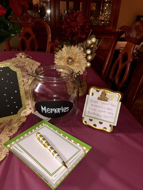 Memory jar idea for sweet 16 party #memoryjar #memories #sweet16 #sweetsixteen #burgundyandgold #burgunday #gold #christmastheme #christmasthemesweet16 #birthdayparty Sweet Sixteen Themes Unique, Themes For Sweet Sixteen, Princess Sweet 16 Decorations, Birthday Party Memory Jar, Sweet 16 Fun Ideas, Sweet 16 Sparkle Theme, Gift Table Sweet 16, Guest Book Ideas For Sweet 16, Sweet 16 Party Ideas November