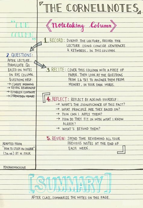 By using Cornell notes it makes the notes clear of reading an easy to understand can be used by any person that is learning and it is easy for students Cornell Method, Studie Hacks, Note Making, Note Taking Strategies, Note Taking Tips, Cornell Notes, Studying Tips, College Notes, Study Hacks