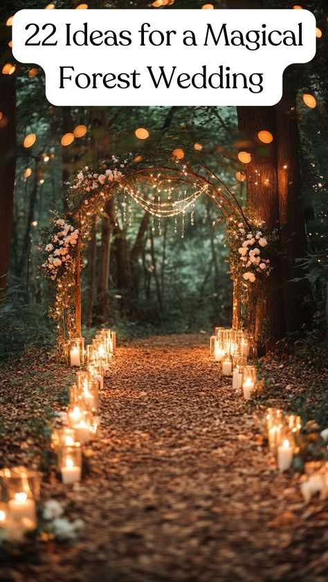 A forest wedding ceremony decor with a candle-lit path, fairy lights, and small flowers. Witchy Woods Wedding, Forrest Weddings Fairy, Simple Wedding In The Woods, Weddings In Nature, Candle For Wedding Ceremony, Wedding Decorations Nature, Narnia Inspired Wedding, Whimsical Forest Wedding Theme, Wedding Ideas Whimsical