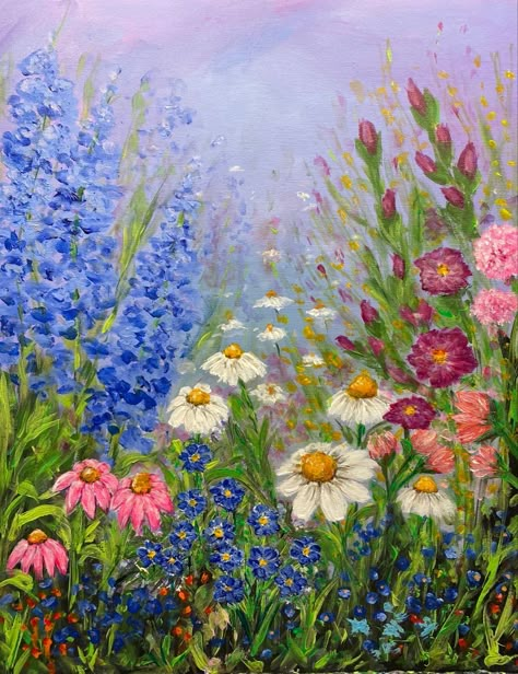 Spring Inspired Paintings, Spring Floral Painting, Simple Garden Painting, Spring Paintings Acrylic, Garden Painting Easy, Spring Painting Ideas On Canvas, Spring Acrylic Paintings, Spring Mural, Painting Of Garden