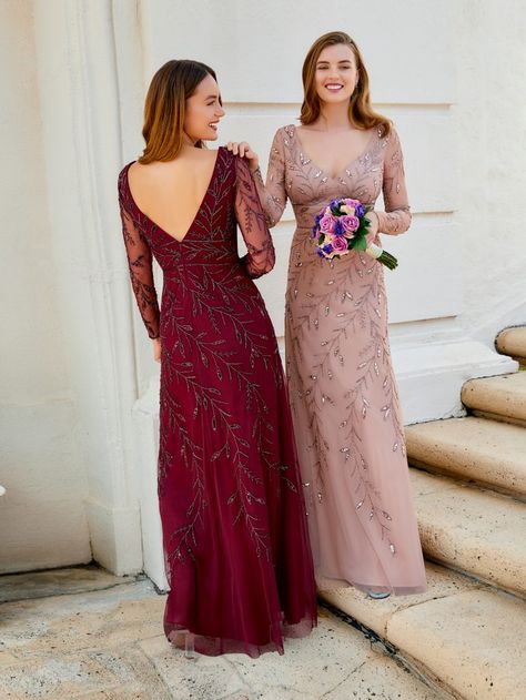 Bridesmaids Gowns With Sleeves, Full Sleeve Gowns, Gown Dress Party Wear, Western Gown, Full Gown, Long Sleeve Bridesmaid Dress, Gown Party Wear, Long Gown Design, Red Blush