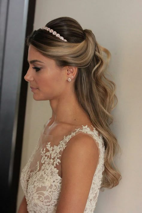 Pinned Back Bridal Hair, Bride Hairstyles Veil, Bride Hairstyles With Veil, Bridal Hair Half Up, Wedding Hair Half, Wedding Hair Headband, Hairstyle Hairstyle, Wedding Hairstyles Bride, Bride Headband