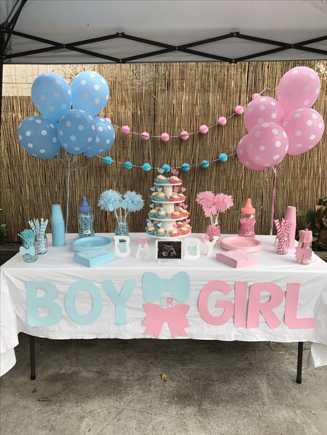 Small And Simple Gender Reveal, Simple Gender Reveal Dessert Table, Gender Reveal Main Table Ideas, Outdoor Gender Reveal Ideas Decoration, Gender Reveal Ideas Diy Simple, Table Decorations Gender Reveal, Gender Reveal Backdrop Ideas Diy, Gender Reveal Table Set Up Outside, Simple Gender Reveal Decorations Outdoor