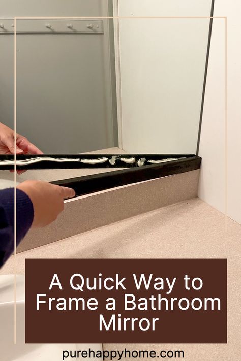 Framing A Bathroom Mirror, Mirror Makeover Diy, Frame A Bathroom Mirror, Mirror Upgrade, Decorative Bathroom Mirrors, Bathroom Mirror Makeover, Pipe Shelving, Bathroom Mirrors Diy, Large Bathroom Mirrors