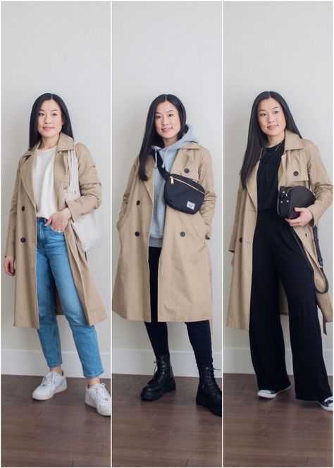 Her Simple Sole - 3 Casual Ways to Wear a Trench Coat Trench Coat And Trousers, Trench With Sneakers, How To Style A Beige Coat, Simple Trench Coat Outfit, Outfit With Coat Casual, Medium Trench Coat Outfit, Minimalist Trench Coat Outfit, Fall Trench Coats For Women, Trench Coat Classic Outfit