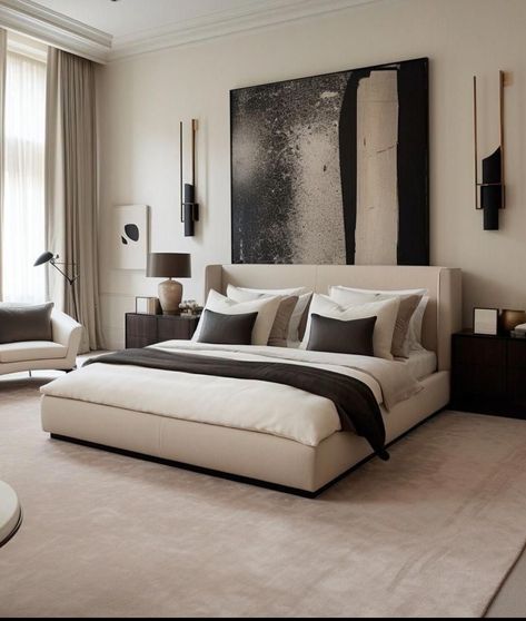 White Contemporary Bedroom, Black And Cream Bedroom, Contemporary Modern Bedroom, Cream And White Bedroom, Contemporary Bed, More Design, Woodworking Videos, Master Bedrooms Decor, White Bedroom