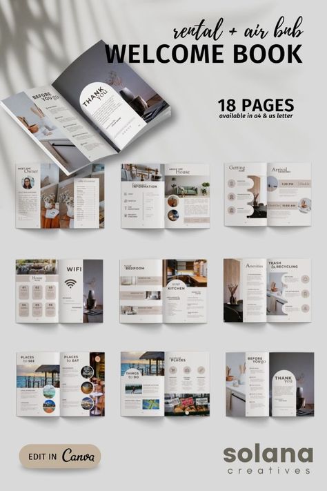 Airbnb Guide Book Template, Airbnb Content Ideas, Airbnb Brochure, Air Bnb Welcome Book, Newsletter Content Ideas, Air Bnb Welcome, Best Canva Templates, Guidebook Template, Newsletter Content