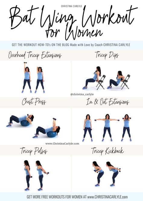 Bat Wing Arm Workout for Women - A workout for arm and bra strap back fat. Burn your arm fat at home with this quick and easy home arm workout routine for women. https://christinacarlyle.com/bat-wing-arm-fat-workout-for-women/ Bat Wing Workout, Wing Workout, Bat Wing Exercises, Wings Workout, Arm Workout Routine, Arm Workouts At Home, Tricep Kickback, Arm Workout Women, Workout Routines For Women