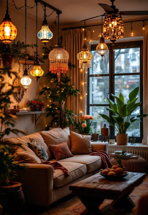 Cozy Lighting Living Room Living Room With Stained Glass Lamp, Cozy Fairy Lights Living Room, Room Corner Lighting Ideas, Sky Light Living Room, Cozy Interior Lighting, Twinkly Lights Living Room, Modern Boho Living Room Lighting, Cozy Basement Lighting, Hygge Lighting Living Rooms