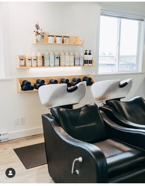 Black And Brown Salon Decor, Creative Salon Stations, Small Space Salon Ideas Layout, At Home Hair Washing Station, Hair Salon Dispensary Ideas, Hair Salon Wash Station, Salon Basin Ideas, Hair Salon Shampoo Back Bar Ideas, Small Salon Wash Station Ideas