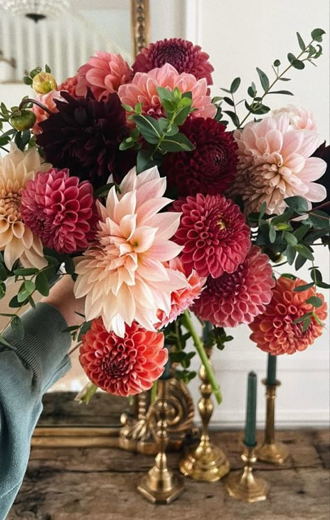 Dahlia Flower Bouquet Wedding, Dahlia And Carnation Bouquet, Dahlia Wedding Centerpieces Fall, Winter Floral Color Palette, Dahlias And Peonies, Fall Pink Wedding Flowers, Dahlia Market Bouquet, Dahlia Wedding Florals, Dahlia Peony Bouquet