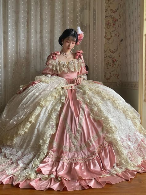 Simple Rococo Dress, Pink Victorian Ball Gown, Victorian Era Ballroom, Old Fancy Dresses, Victorian Party Dress, Pink Rococo Dress, 18s Dress, 1800s Dresses Victorian Gowns, Historical Ballgown