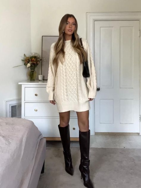 Knit Sweater Dress Outfit, White Sweater Dress Outfit, Sweater Dress Outfit Winter, Short Sweater Dress, Fall Sweater Dress, Sweater Dress Oversized, Sweater Dress Outfit, Holiday Dress Outfit, Cable Knit Sweater Dress