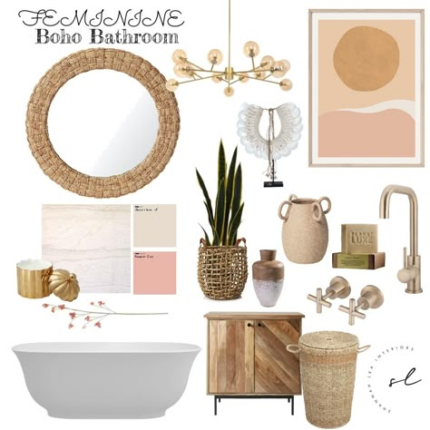 Boho Bathroom Beige, Bathroom Boho Chic, Boho Chic Bathroom Ideas, Boho Beach Bathroom, Feminine Bathroom Ideas, Pink Boho Bathroom, Bathroom Feminine, Feminine Bathroom Decor, Modern Bohemian Bathroom