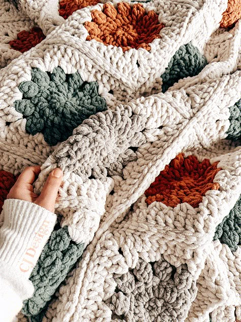 How to Crochet the Winter Blossom Blanket - CJ Design Blog Fluffy Yarn Granny Square, Granny Squares For Blankets, Diy Granny Square Blanket, Crochet Friendship Blanket, Cozy Blanket Crochet Pattern, Winter Crochet Blanket Pattern, Crochet Fall Blanket Pattern, Boho Granny Square Blanket, Colorful Crochet Baby Blanket